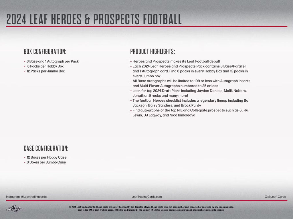 2024 Leaf Heroes and Prospects Football Hobby Trading Cards