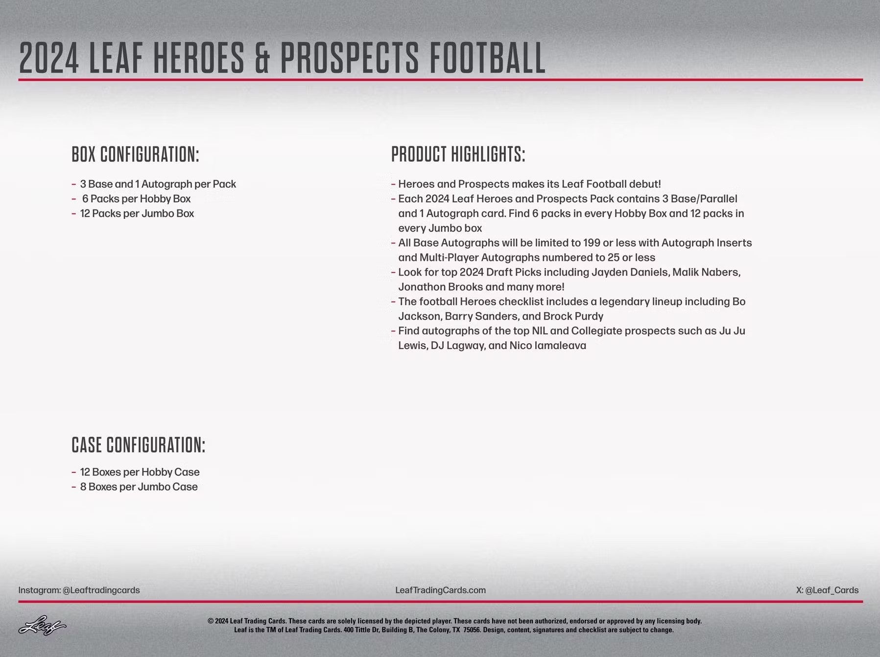 2024 Leaf Heroes and Prospects Football Hobby Trading Cards