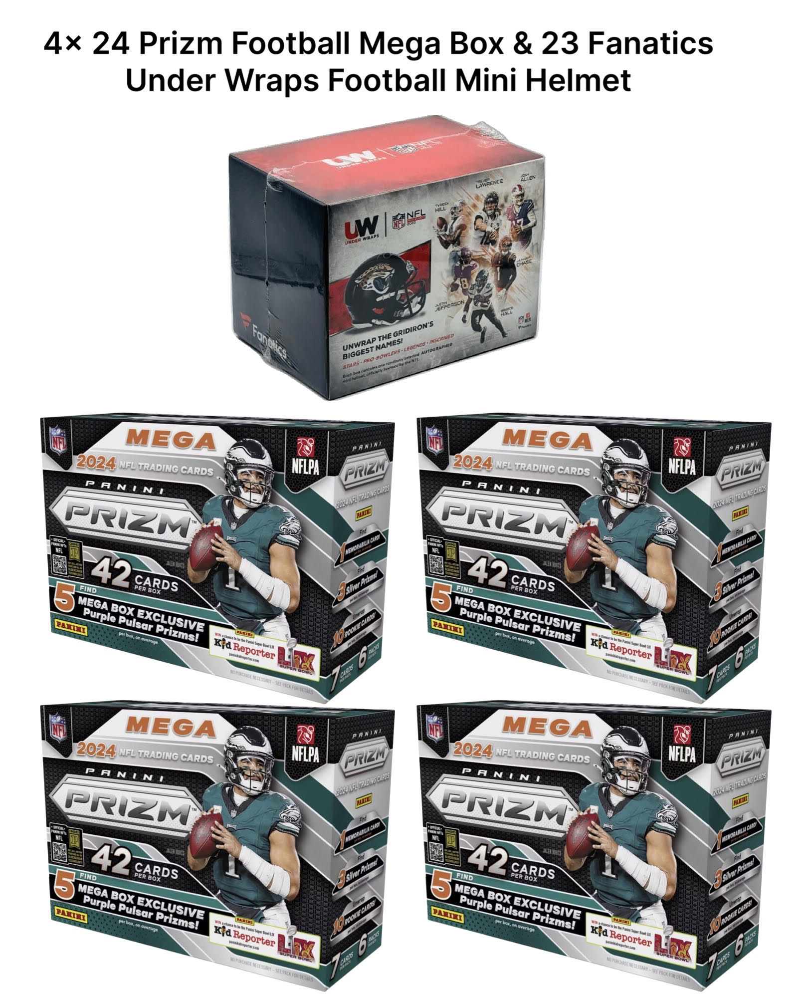 Football PYT Break 009 - 1 Under Wraps Autographed Football Mini Helmet & 4 2024 Prizm Football Mega Boxes